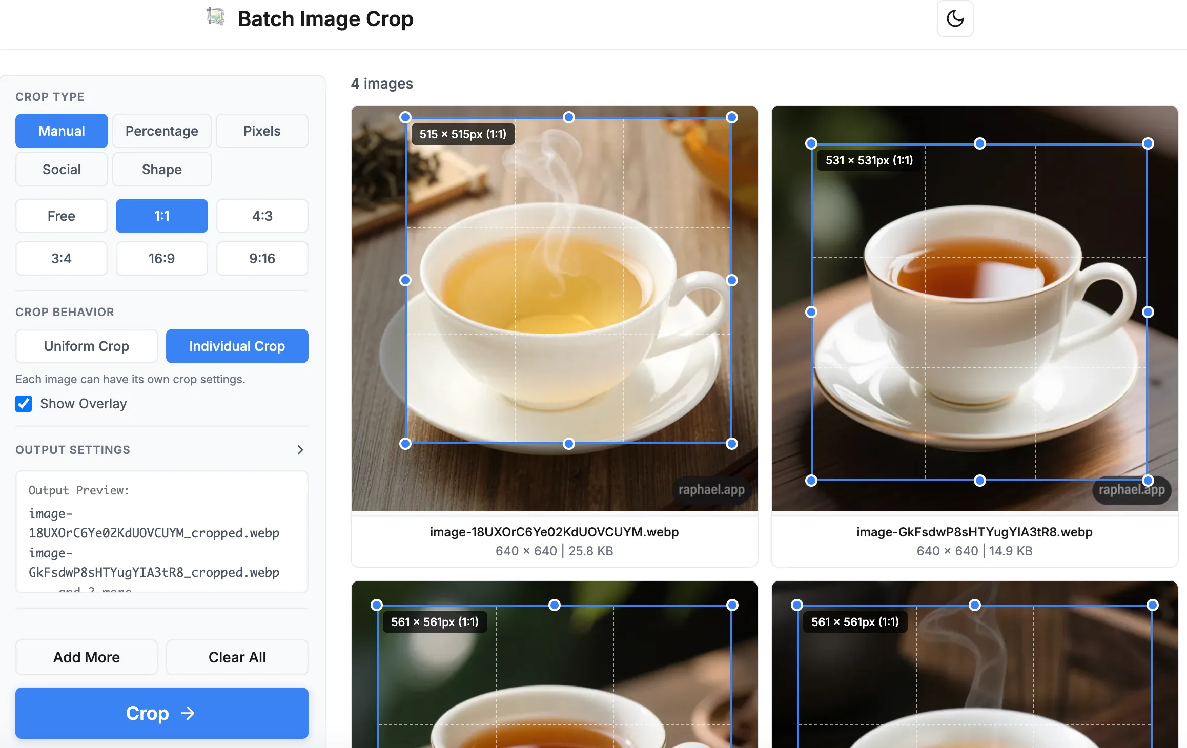 Individual crop mode in Batch Image Crop for e-commerce products with varying positions